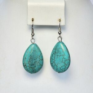 GORGEOUS Turquoise Teardrop Dangle Silver Tone French Hook Earrings